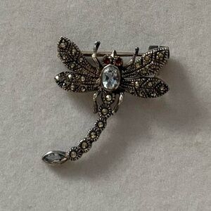 Vintage CL 925 Sterling Silver Dragonfly Bug Brooch Pin with Marcasite Gems